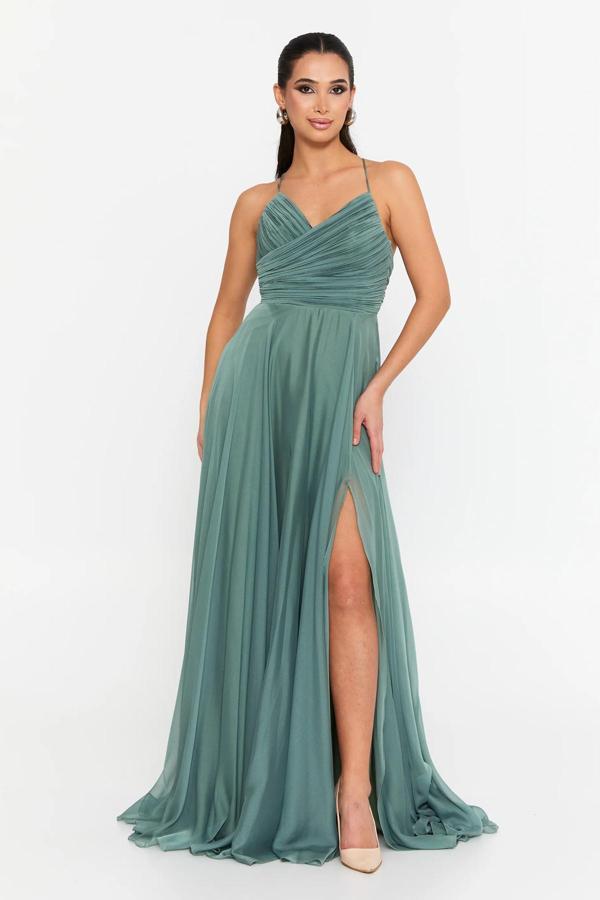 Doridorca Kadın Sırt Dekolteli Fiyonklu Drapeli V Yaka Abiye Elbise 6128 Çağla - Image 1