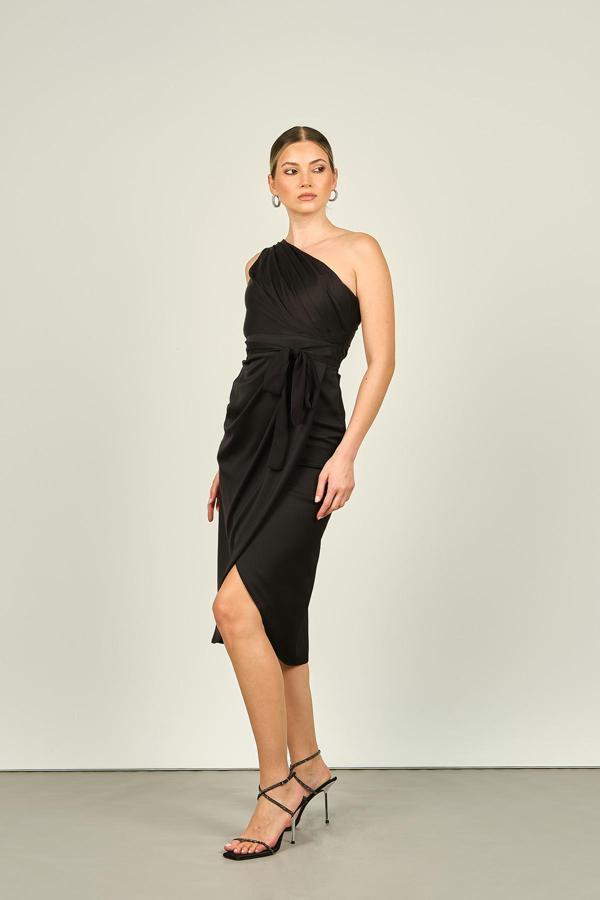 Doridorca Kadın Tek Omuz Saten Midi Abiye Elbise 5081 Siyah - Image 1