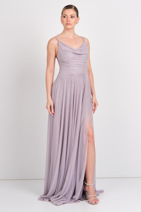 Doridorca Kadın İp Askılı Degaje Yaka Maxi Abiye Elbise 6148 Vizon - Image 1