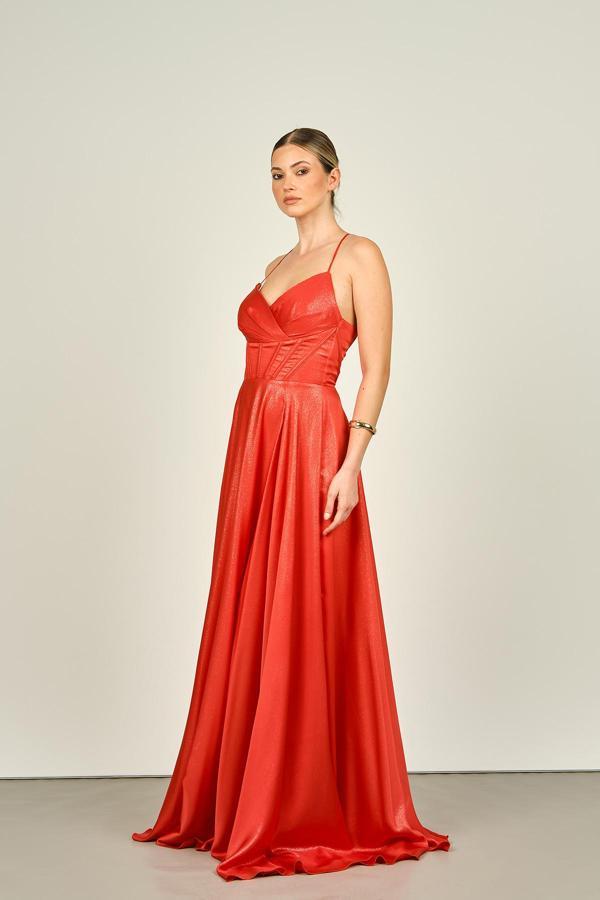 Doridorca Kadın Kruvaze Yaka Askılı Sırt Detaylı Kloş Parlak Kumaş Abiye Elbise 5083 Nar Çiçeği - Image 1