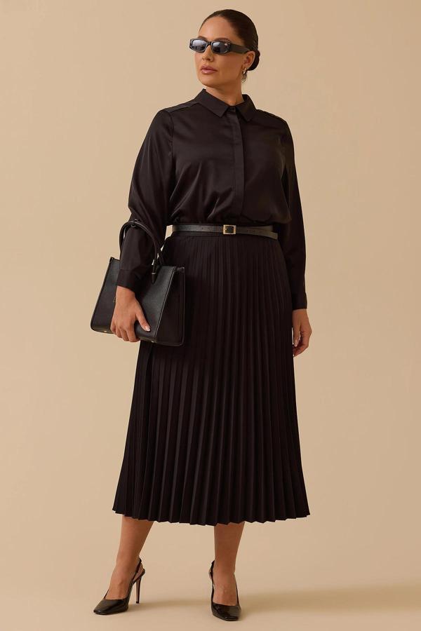 Galaxi Kadın Büyük Beden Esnek Bel Pliseli Basic Etek 4003 Siyah - Image 1