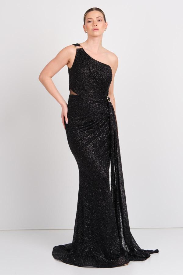 Eflin Kadın Tek Omuzlu Full Taşlı Balık Form Abiye Elbise 5523 Siyah - Image 1