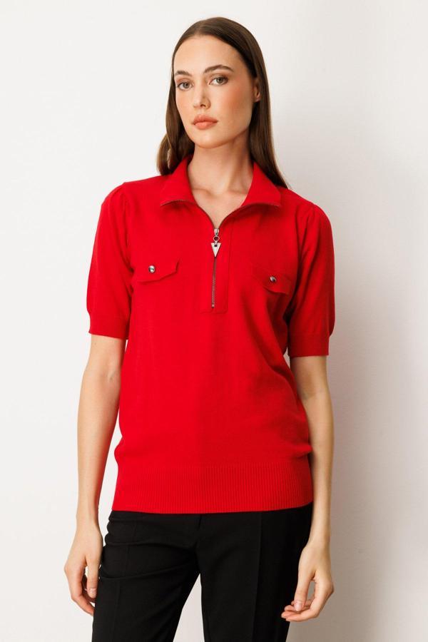 On Kadın Yakası Fermuarlı Kısa Kol Triko Kazak 65330 Kırmızı - Image 1