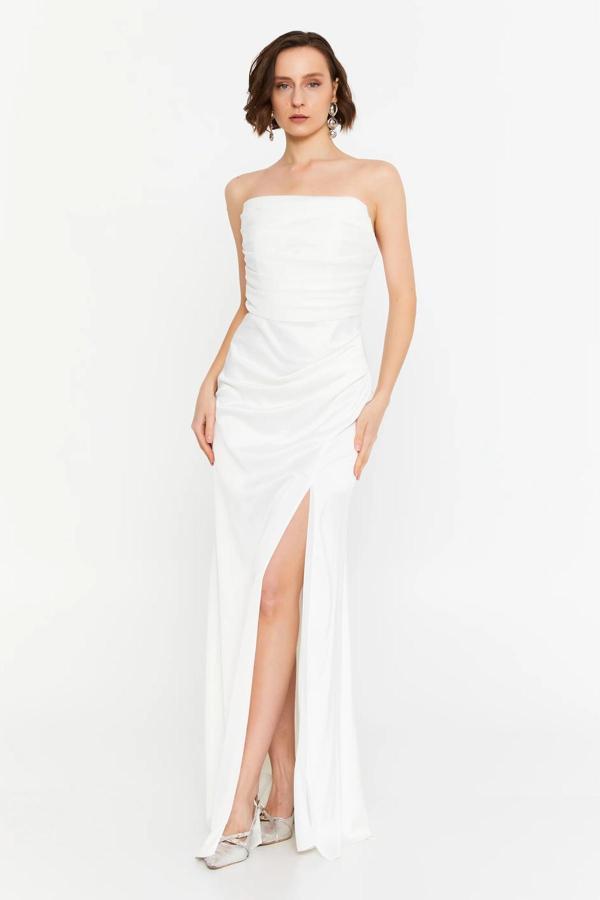 Doridorca Kadın Straplez Drapeli Saten Maxi Abiye Elbise 7051 Beyaz - Image 1