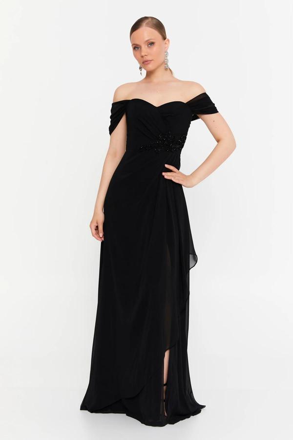 Doridorca Kadın Düşük Kollu Taş Detaylı Şifon Maxi Boy Abiye Elbise 7035 Siyah - Image 1