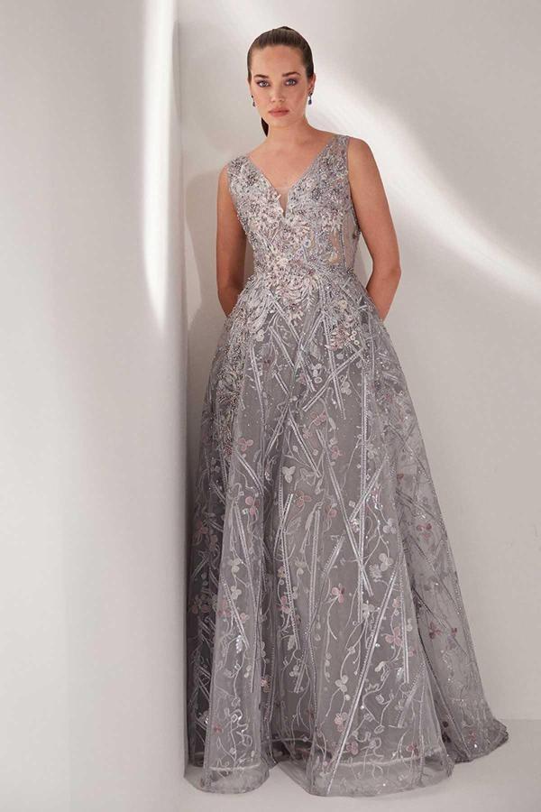 Tiara Kadın Çiçek Desen Nakışlı Abiye Elbise 59460205 Gri - Image 1