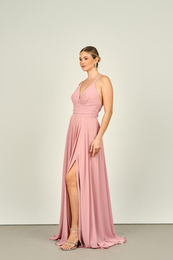 Doridorca Kadın İp Askılı Sırt Detaylı Uzun Abiye Elbise 5046 Pudra - Image 1