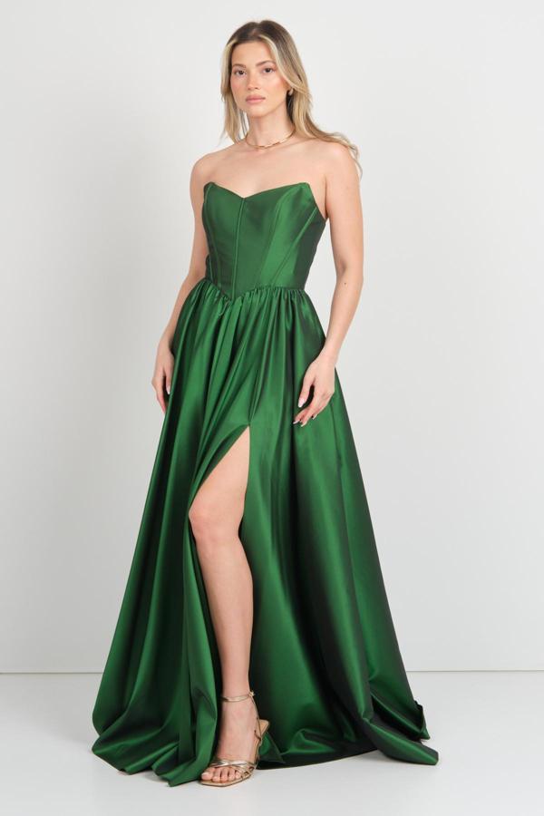 Doridorca Kadın Beli Korsajlı Straplez Tafta Kumaş Maxi Abiye Elbise 6133 Yeşil - Image 1