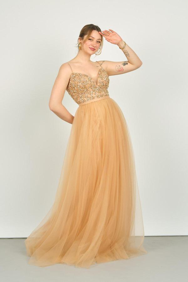 Tiara Kadın Askılı Üst Taş İşlemeli Alt Tül Etek Uzun Abiye Elbise 0549 Bakır - Image 1