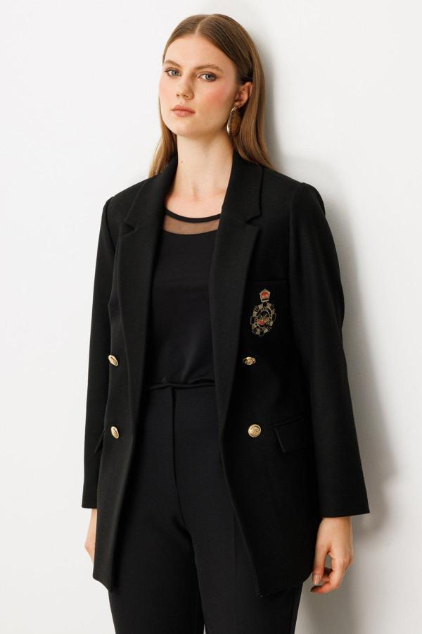 Ekol Kadın Büyük Beden Cebi Armalı Ceket 5571 Siyah - Image 1