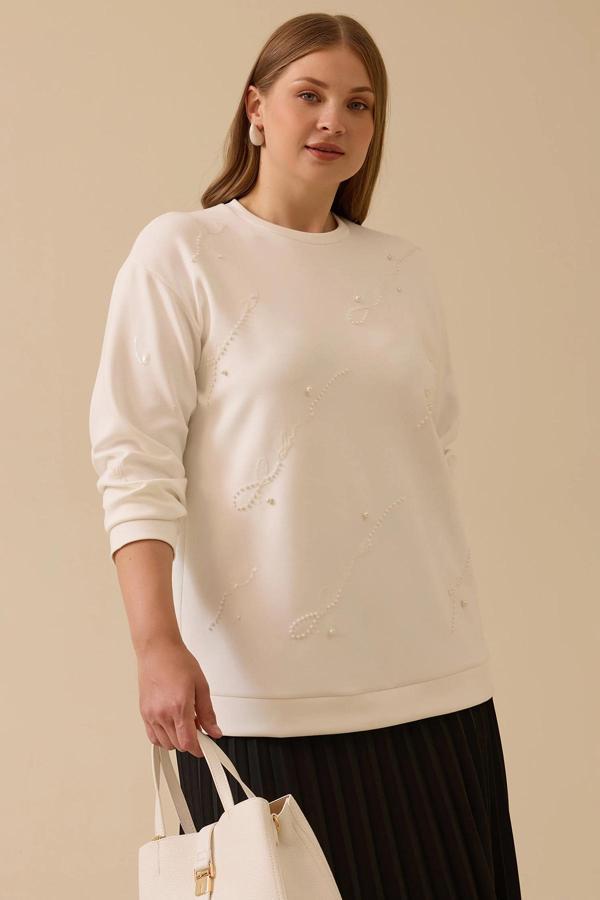 Galaxi Kadın Büyük Beden Nakış Detaylı Boncuklu Sweatshirt 4005 Ekru - Image 1