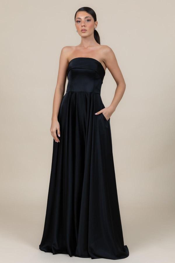 Doridorca Kadın Straplez Saten Kumaş Uzun Abiye Elbise 6135 Siyah - Image 1