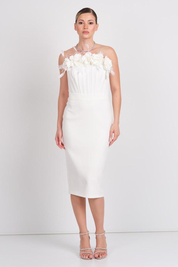 Balen Kadın Straplez ve Çiçek Detaylı Korsajlı Midi Abiye Elbise 5113 Ekru - Image 1