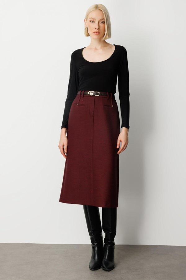 Ekol Kadın Beli Kemerli Yırtmaçlı Midi Etek 2009 Bordo - Image 1
