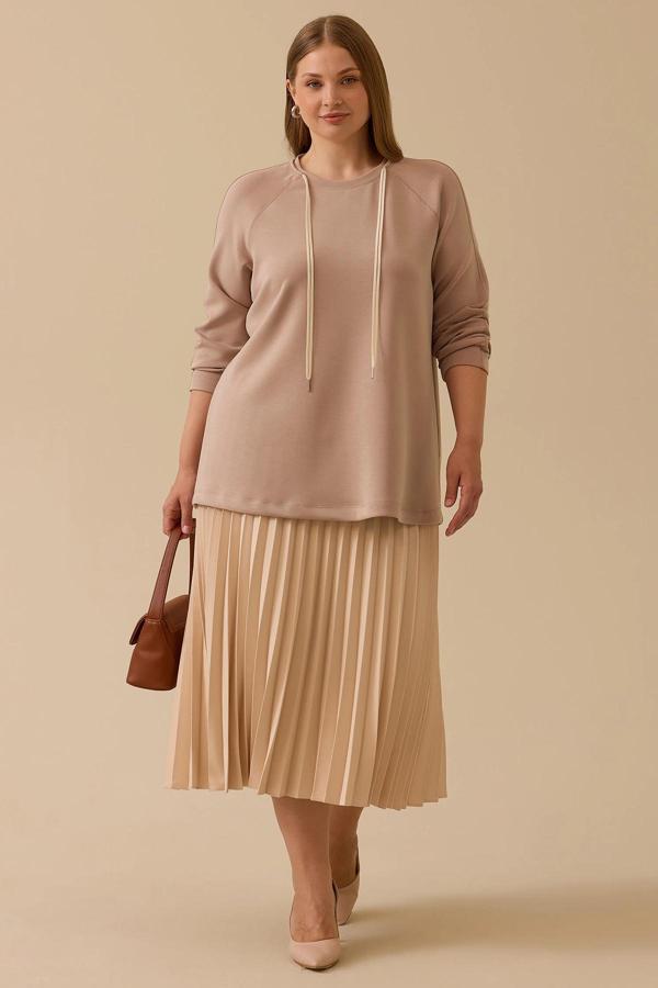 Galaxi Kadın Büyük Beden Bağcıklı Basic Sweatshirt 4002 Camel - Image 1