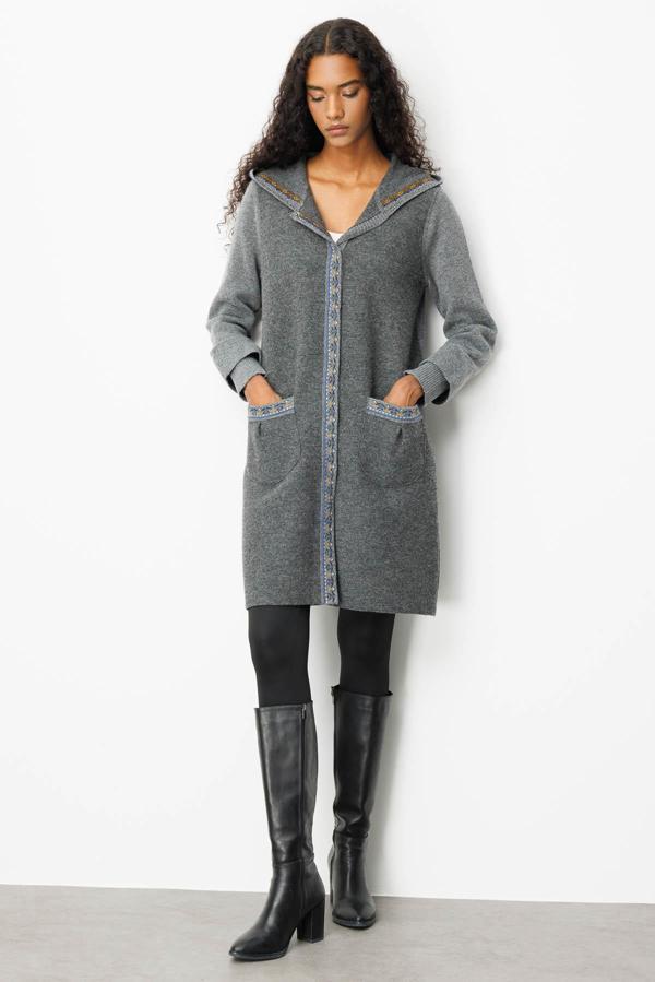 Desen Triko Kadın Kapüşonlu Önü Keçe Yün Kaban 25019 Füme - Image 1