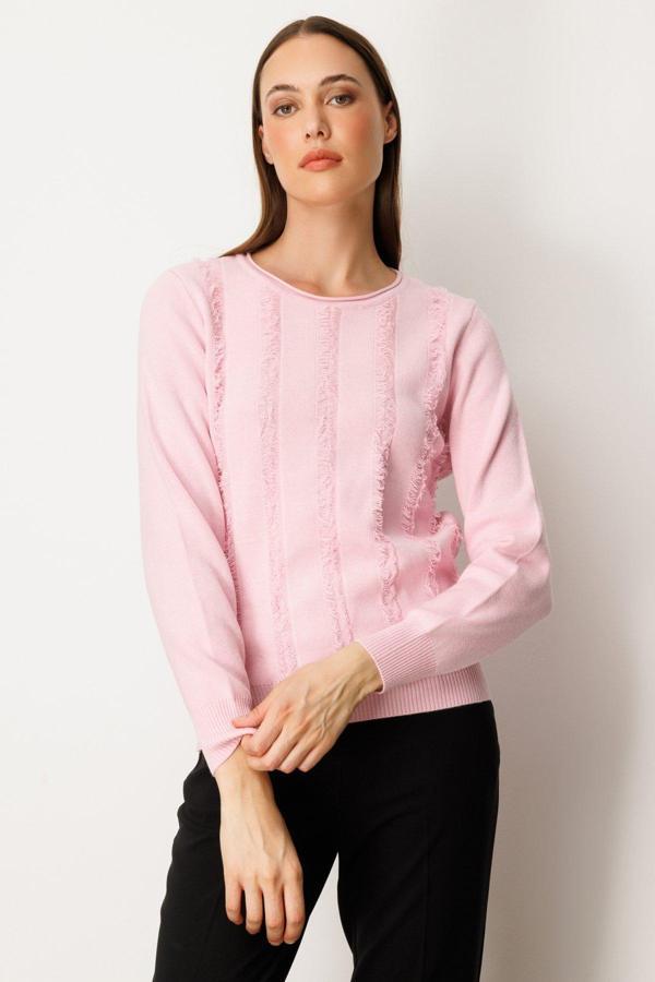 On Kadın Sıfır Yaka Püskül Detaylı Triko Kazak 65306 Pembe - Image 1