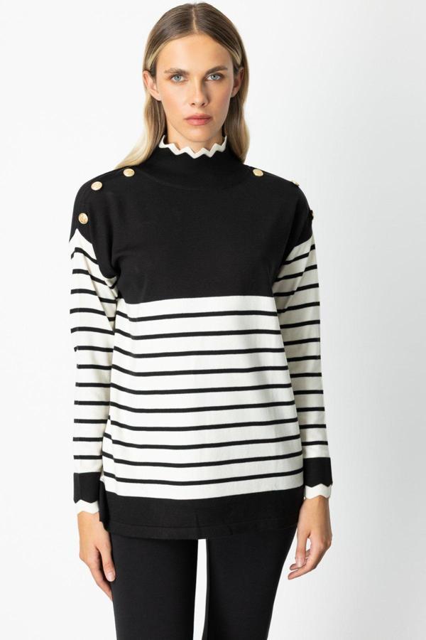 On Kadın Zikzak Detaylı Çizgili Triko Kazak 65392 Siyah - Image 1