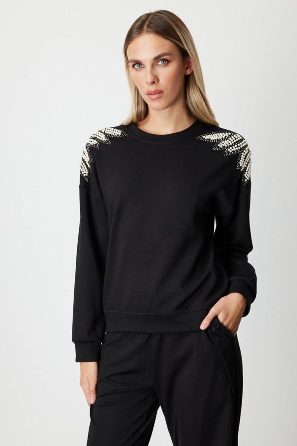 On Kadın Omuzları İncili Sweat 66338 Siyah - Image 1