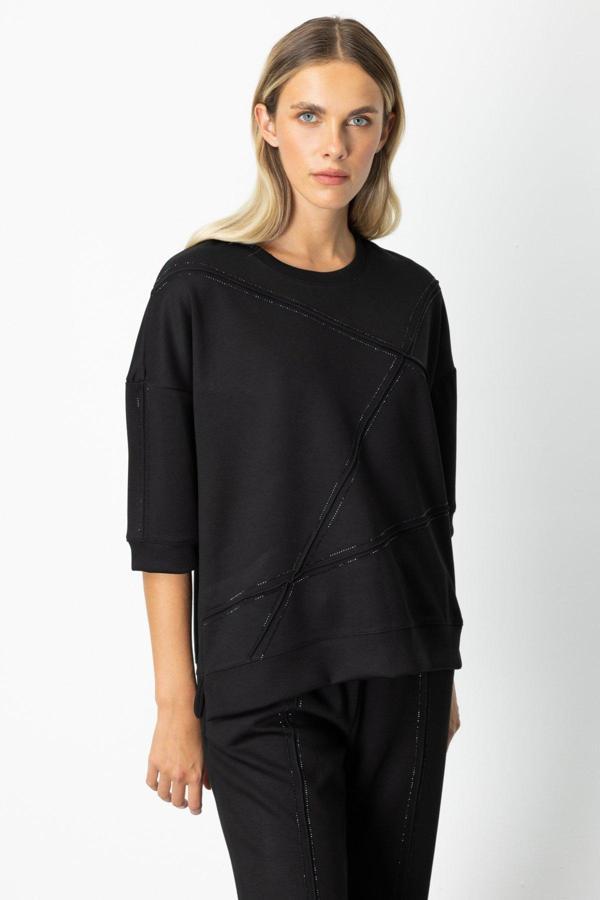 On Kadın Düşük Kol Taşlı Sweat 66546 Siyah - Image 1