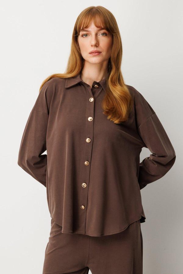 On Kadın Düşük Omuzlu Uzun Gömlek 66306 Kahverengi - Image 1