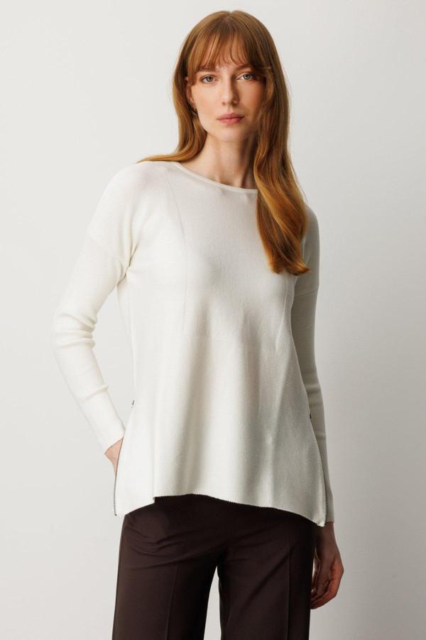 On Kadın Yanları Fermuarlı Sıfır Yaka Triko Kazak 65318 Ekru - Image 1