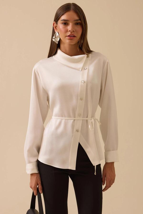 Seçil Kadın Asimetrik Düğmeli Kuşaklı Gömlek 0009 Ekru - Image 1