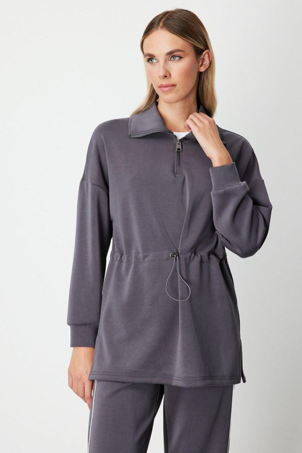 On Kadın Yakası Fermuarlı Sweat 66312 Antrasit - Image 1