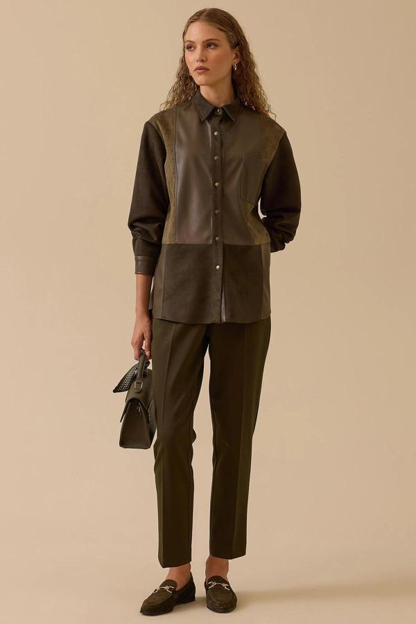 Seçil Kadın Çift Kumaşlı Suni Deri Detaylı Süet Gömlek 0011 Haki - Image 1
