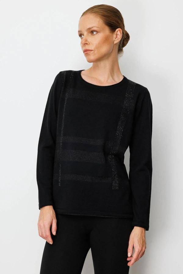 Desen Triko Kadın Sıfır Yaka Sim Çizgili Taşlı Yün Bluz 25026 Siyah - Image 1