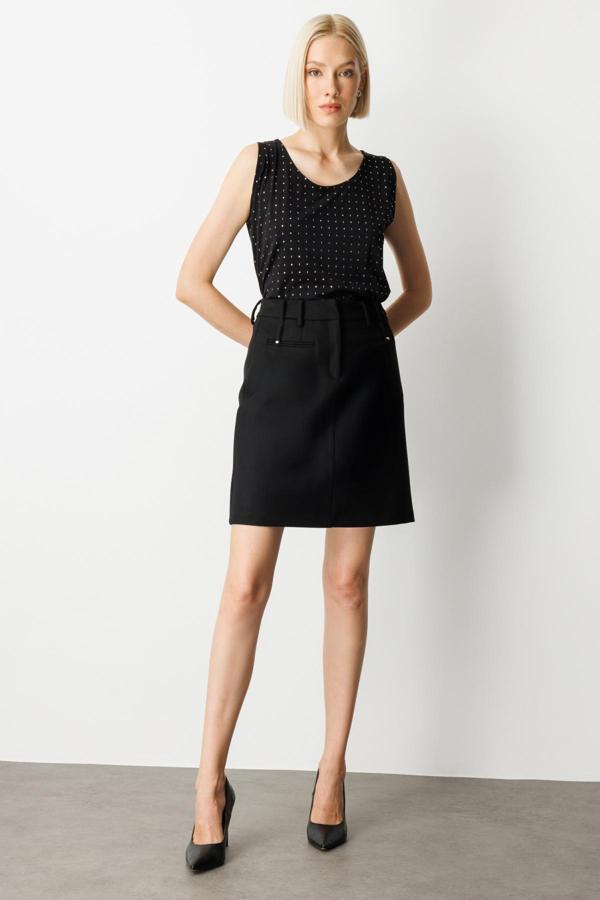 Ekol Kadın Aksesuar Detaylı Mini Kaşe Etek 2003 Siyah - Image 1