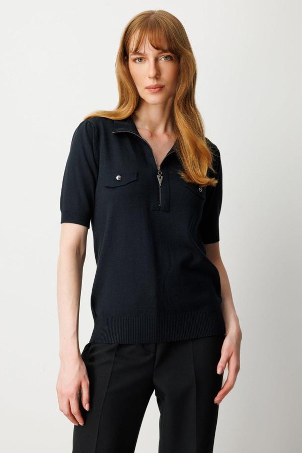 On Kadın Yakası Fermuarlı Kısa Kol Triko Kazak 65330 Siyah - Image 1