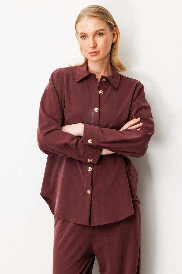On Kadın Düşük Omuzlu Uzun Gömlek 66306 Bordo - Image 1