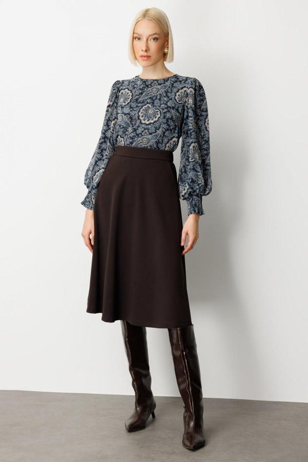 Ekol Kadın Beli Lastikli Volanlı Midi Etek 2023 Kahverengi - Image 1