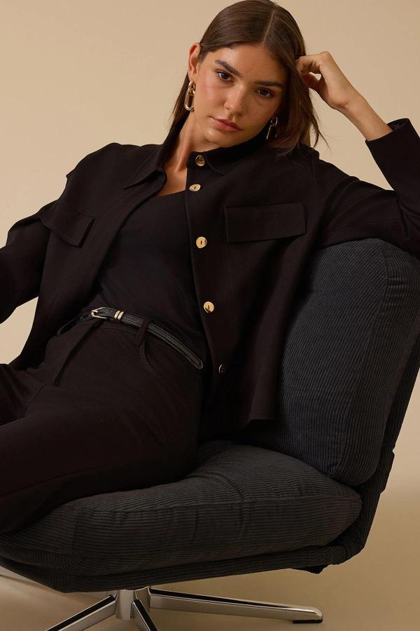 Seçil Kadın Düğmeli Cep Kapaklı Ceket 0005 Siyah - Image 1
