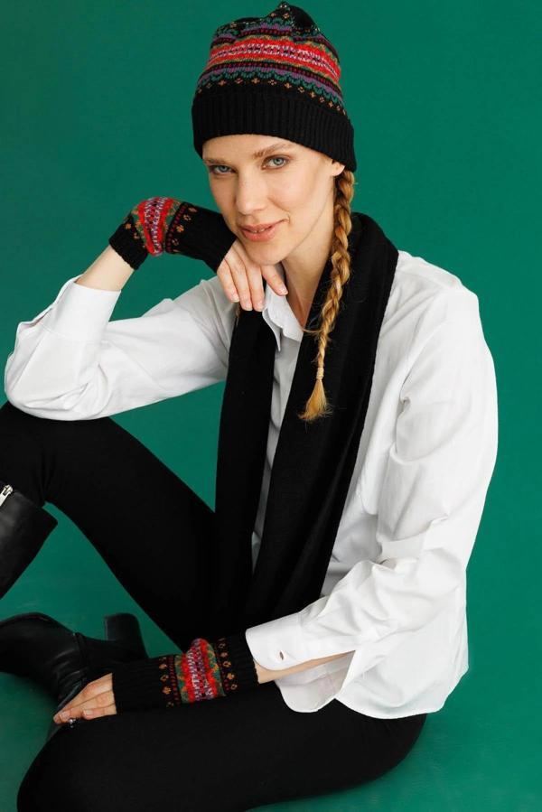 Desen Triko Kadın Jakarlı Yün Bere 25074 Siyah - Image 1