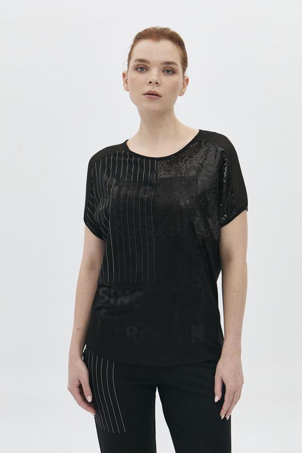 Daido Kadın Önü File ve Payet Detaylı Bisiklet Yaka Bluz 5811 Siyah - Image 1