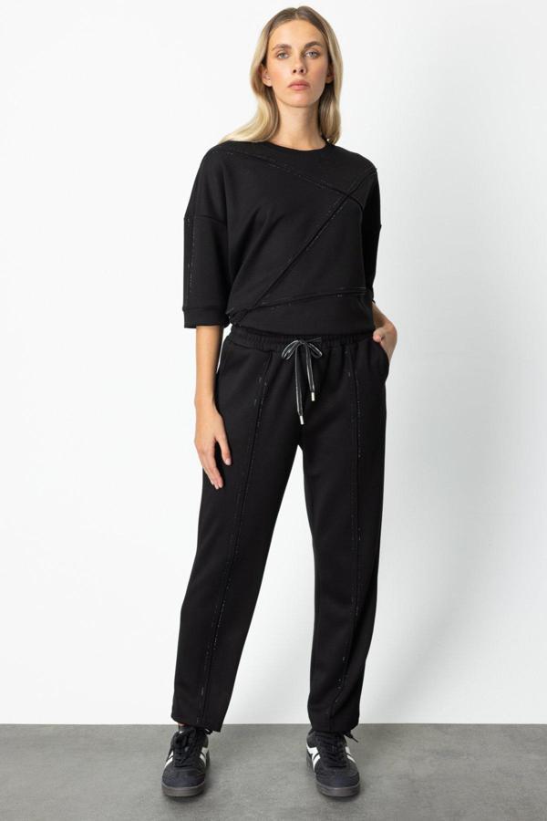 On Kadın Beli Lastikli Taşlı Eşofman Altı 66547 Siyah - Image 1