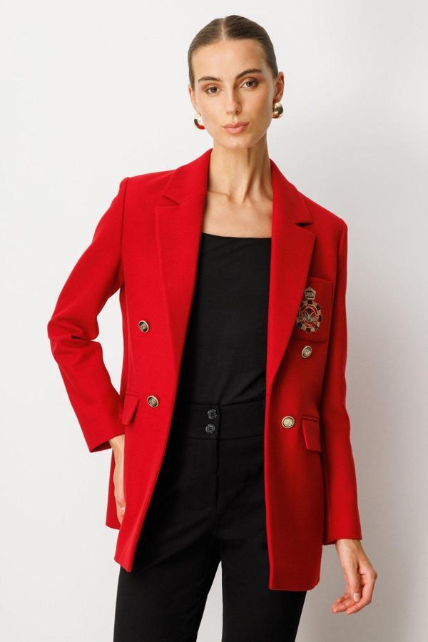 Ekol Kadın Önü Armalı Kapak Cepli Kaşe Ceket 5071 Kırmızı - Image 1