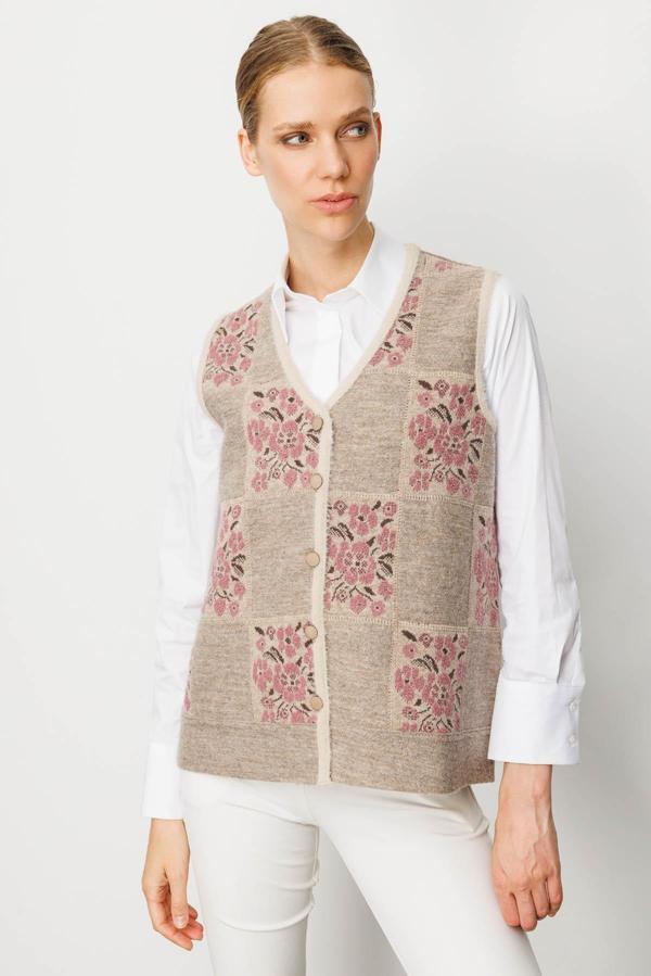 Desen Triko Kadın Pıtırcık Çiçekli Patchwork Keçe Yün Yelek 24084 Bej G.Kurusu - Image 1