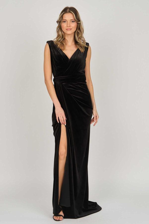 Kenzel Kadın Uzun V Yaka Abiye Elbise 6521312 Siyah - Image 1