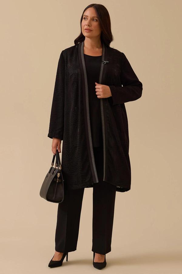 Galaxi Kadın Büyük Beden Desenli Hırkalı Takım 4001 Siyah - Image 1