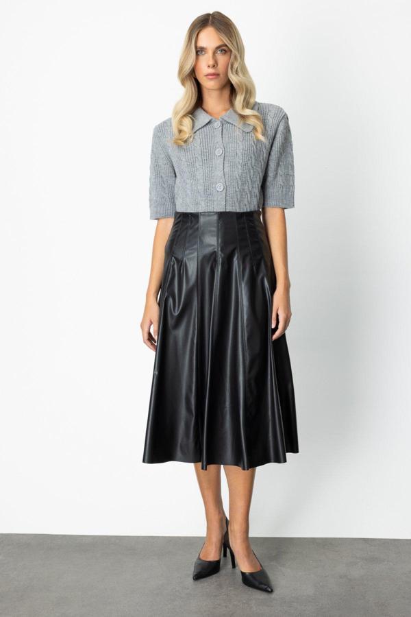 On Kadın Dikiş Detaylı Midi Boy Deri Etek 64201 Siyah - Image 1