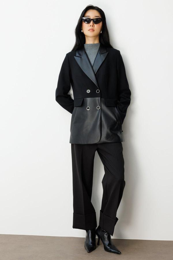 Ekol Kadın Suni Deri Detaylı Düğmeli Ceket 5093 Siyah - Image 1