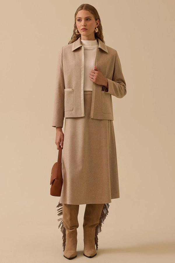 Seçil Kadın Biye Detaylı Cepli Fermuarlı Ceket 0018 Vizon - Image 1