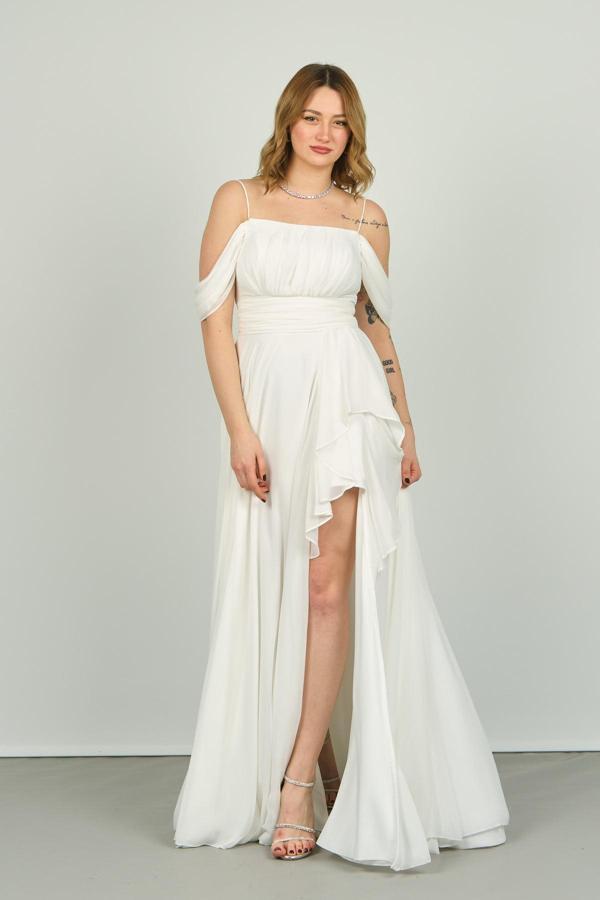 Dans Kadın Düşük Kol İp Asklı Derin Yırtmaçlı Uzun Abiye Elbise 1380 Ekru - Image 1