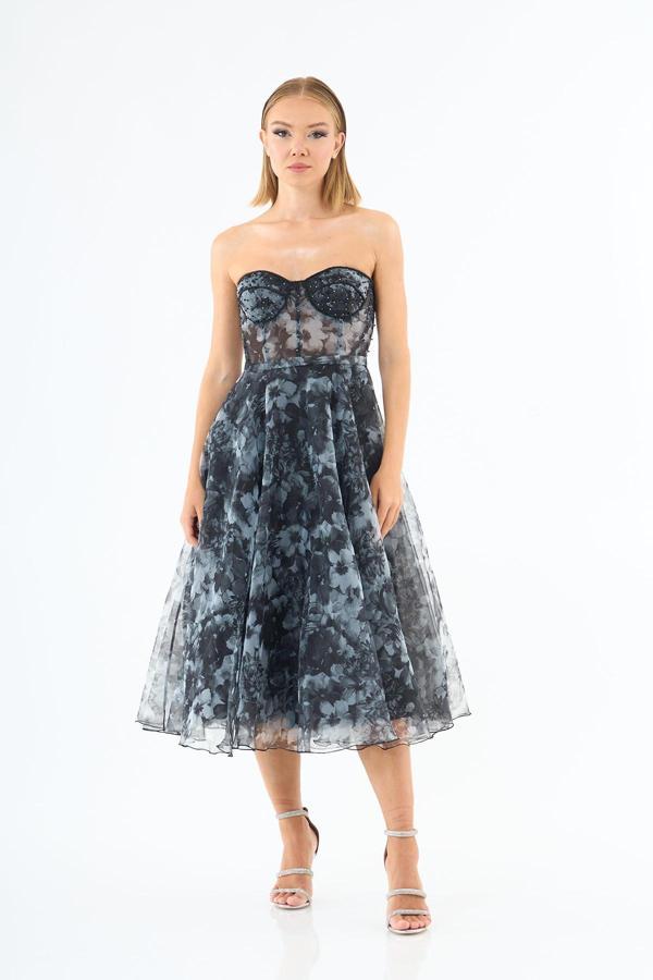 Carmen Kadın Empirme Straplez Midi Abiye Elbise 58036 Siyah - Image 1