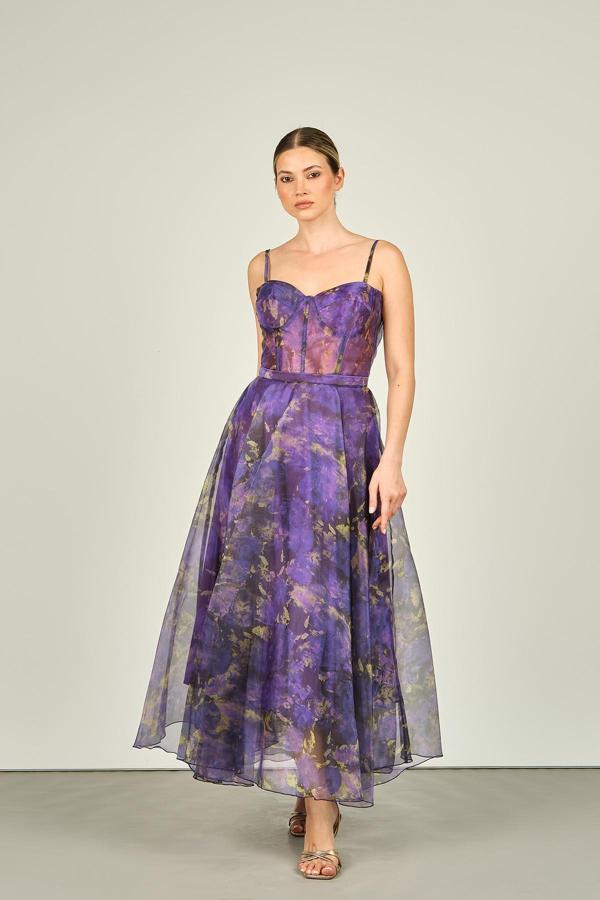 Dans Kadın Tül Detaylı Midiboy Abiye Elbise 1579 Mor - Image 1