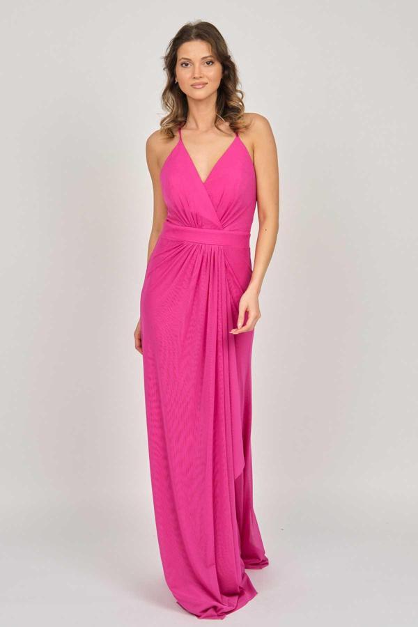 Doridorca Kadın İp Askılı Tül Abiye Elbise 5922049 Fuşya - Image 1