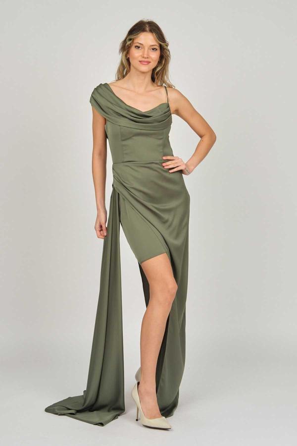 Doridorca Kadın Tek Omuz Detaylı Abiye Elbise 5924030 Haki - Image 1